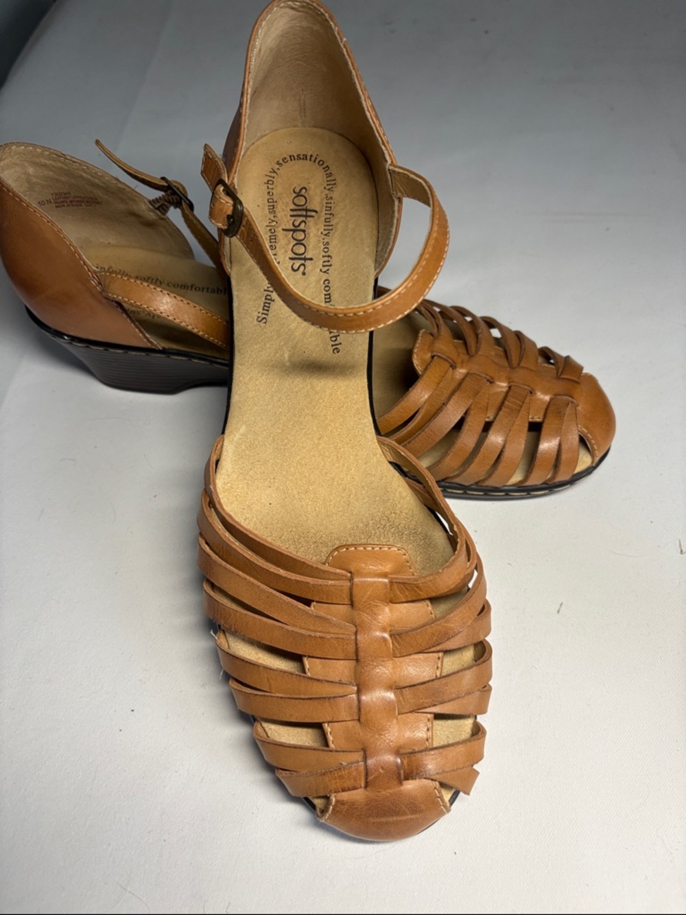 Softspots Cognac Woven Leather Ankle-Strap Sandals 10N